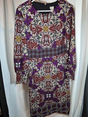 Vibrant Paisley Print Long Sleeve Dress in Purple and Red